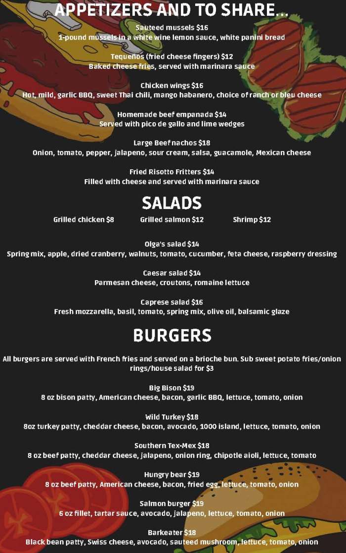 Page 1 of menu, Across The Street Lake Placid, NY
