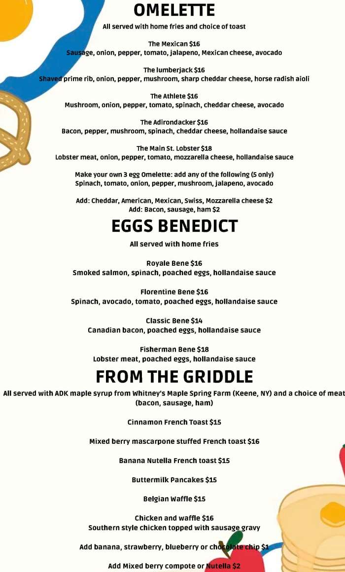 Page 1 of breakfast menu, Across The Street Lake Placid, NY