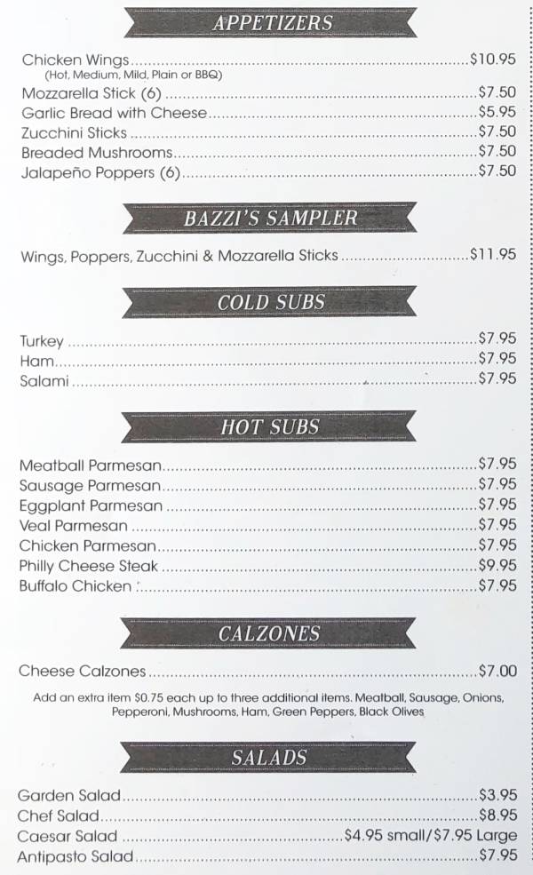 Page 1 of menu, Bazzi's Pizzeria in Lake Placid, NY