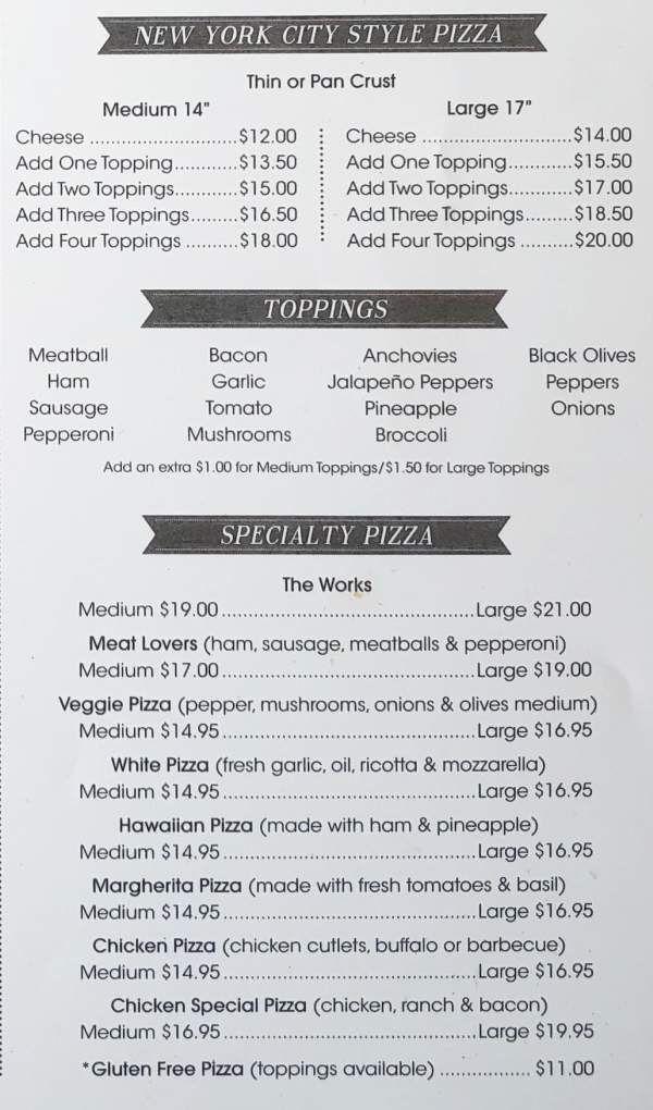Page 2 of menu, Bazzi's Pizzeria in Lake Placid, NY