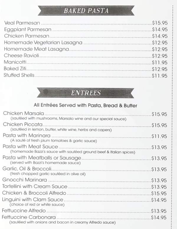 Page 3 of menu, Bazzi's Pizzeria in Lake Placid, NY