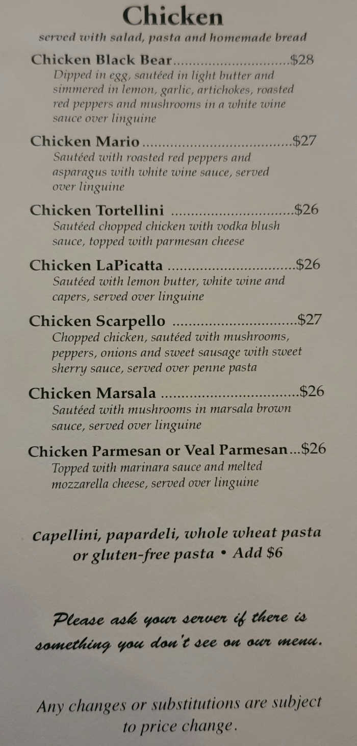 Page 2 of menu, Black Bear Restaurant Lake Placid, NY