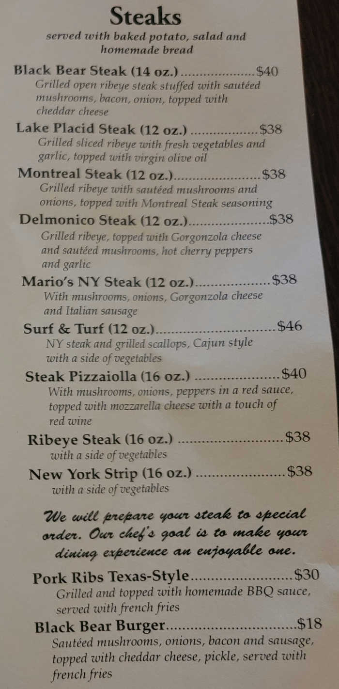 Page 3 of menu, Black Bear Restaurant Lake Placid, NY