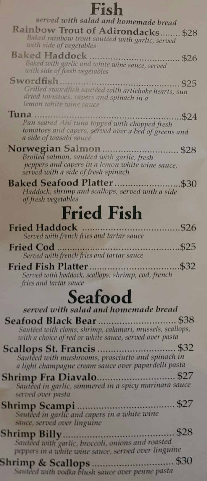 Page 4 of menu, Black Bear Restaurant Lake Placid, NY