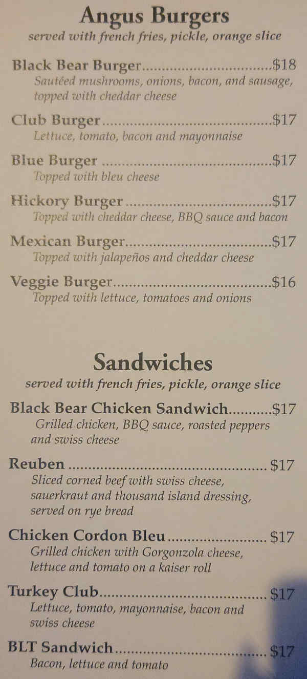 Page 7 of menu, Black Bear Restaurant Lake Placid, NY