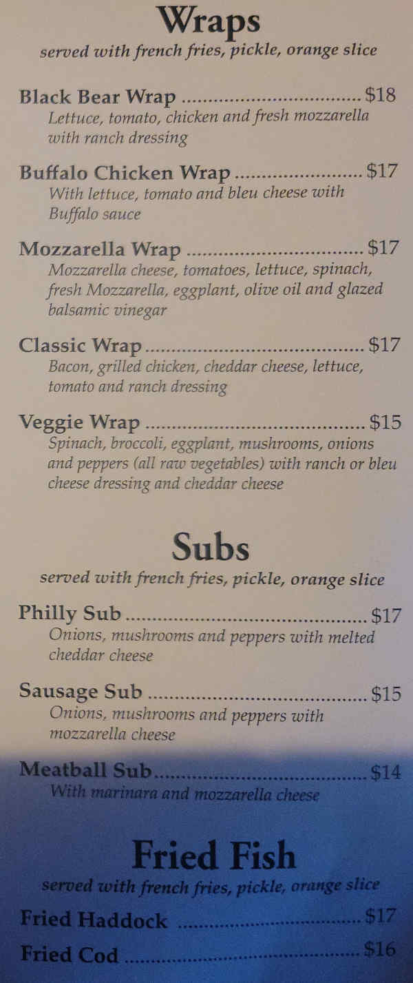 Page 8 of menu, Black Bear Restaurant Lake Placid, NY