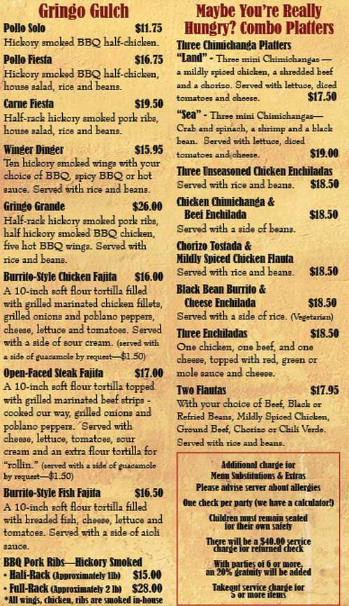 Page 4 of menu, Desperados in Lake Placid, NY