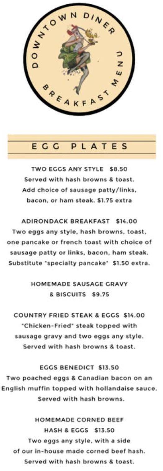 Page 1 of menu, Downtown Diner Lake Placid, NY