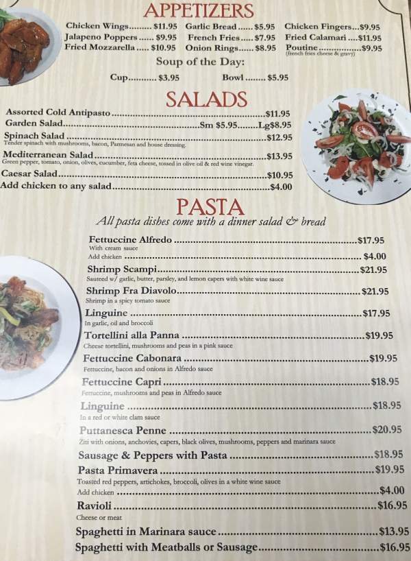 Page 1 of menu, Ere's Pizza in Lake Placid, NY