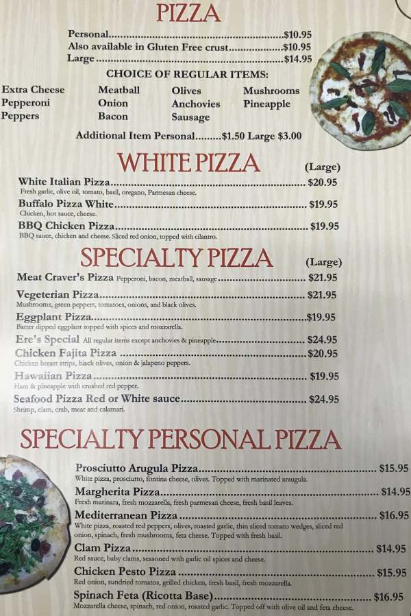 Page 4 of menu, Ere's Pizza in Lake Placid, NY