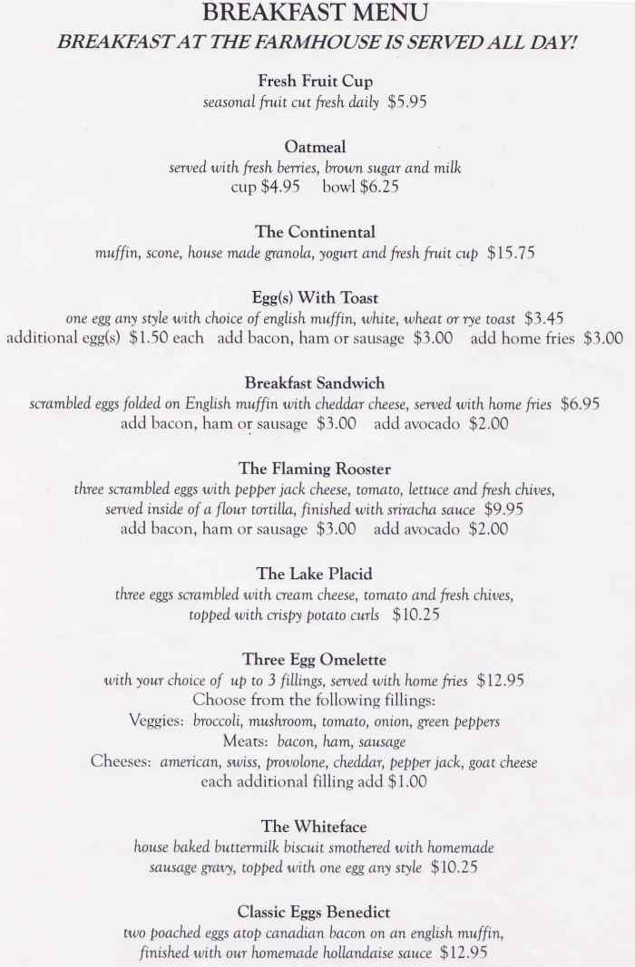 Page 1 of menu, Farmhouse Cafe Lake Placid, NY