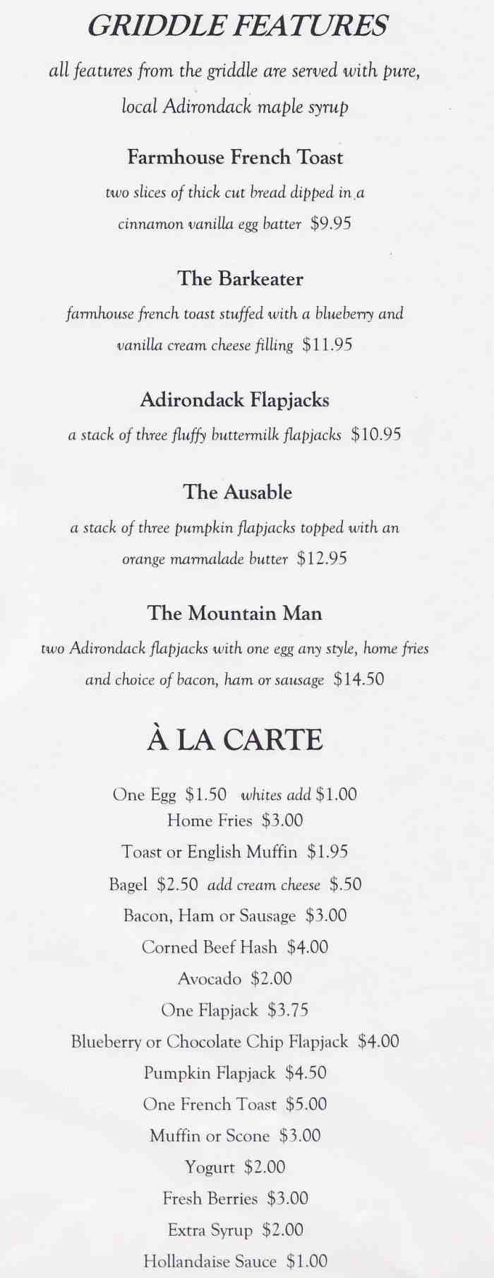 Page 2 of menu, Farmhouse Cafe Lake Placid, NY