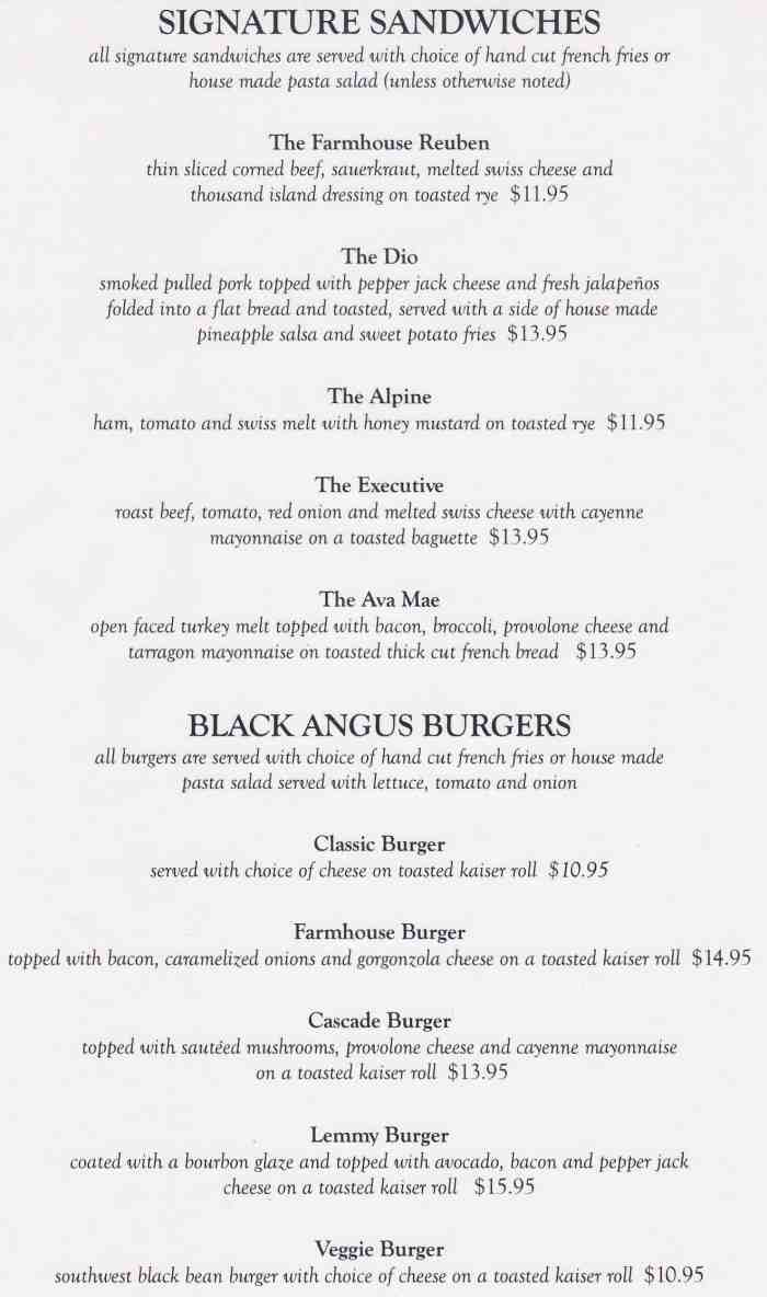 Page 5 of menu, Farmhouse Cafe Lake Placid, NY