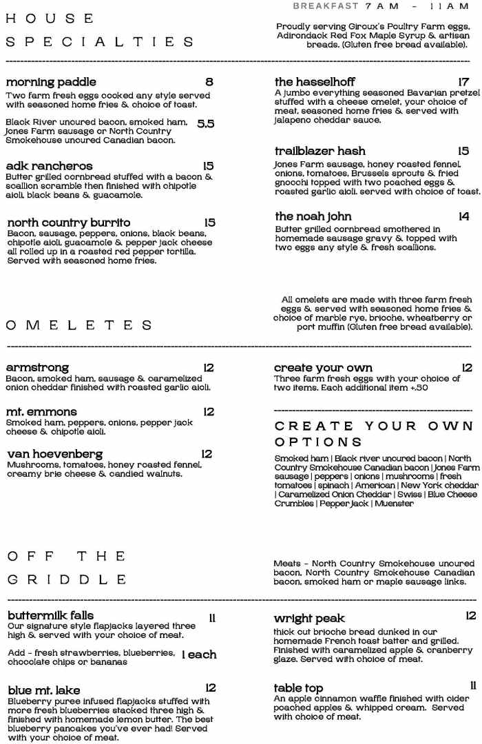 Page 1 of menu, Generations Tap & Grill in Lake Placid, NY