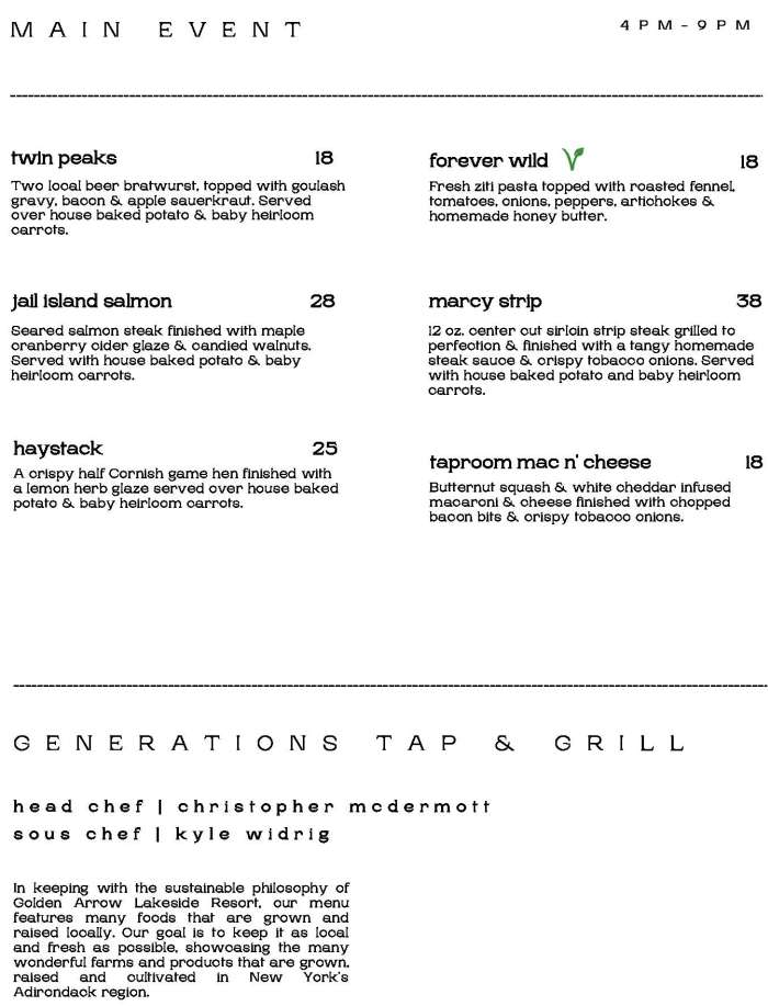 Page 6 of menu, Generations Tap & Grill in Lake Placid, NY