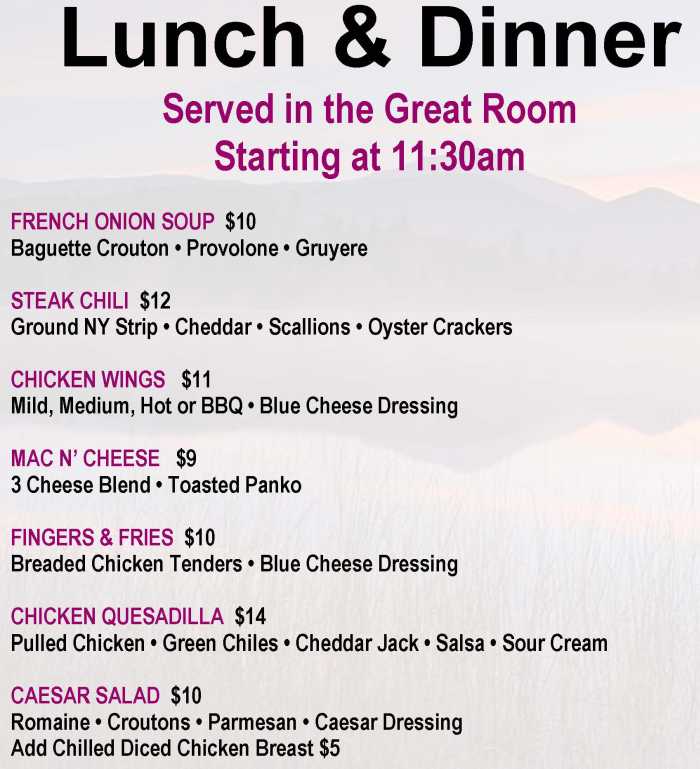 Page 1 of menu, The Great Room in Lake Placid, NY