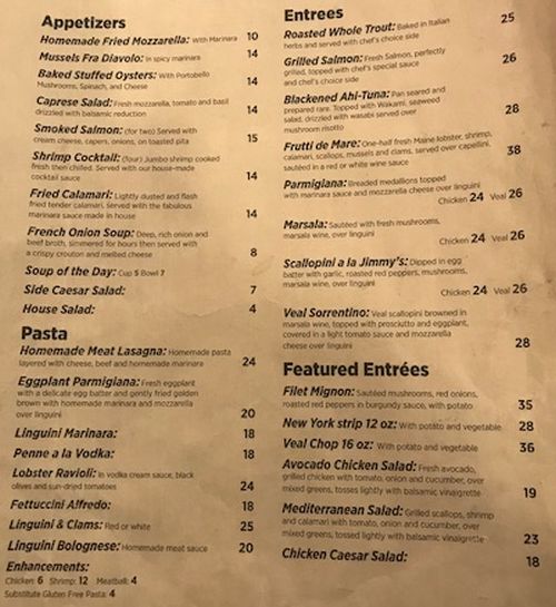 Food menu for Jimmy's Lakeside in Lake Placid, NY