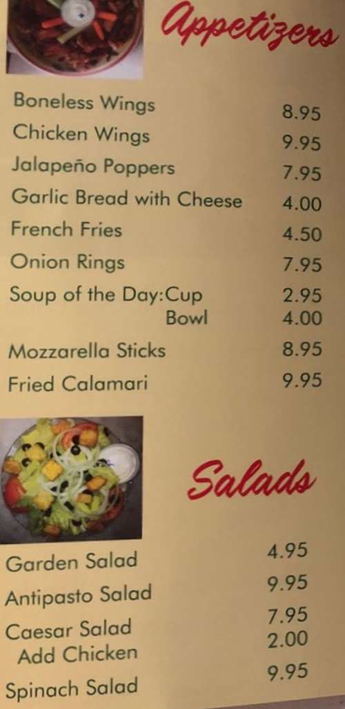 Page 1 of menu, Johnny's Pizza Lake Placid, NY