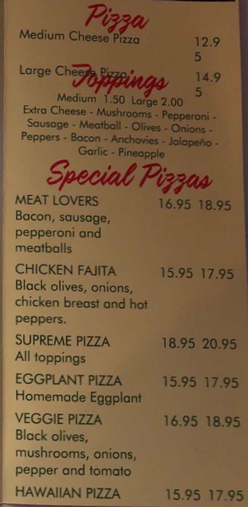 Page 3 of menu, Johnny's Pizza Lake Placid, NY