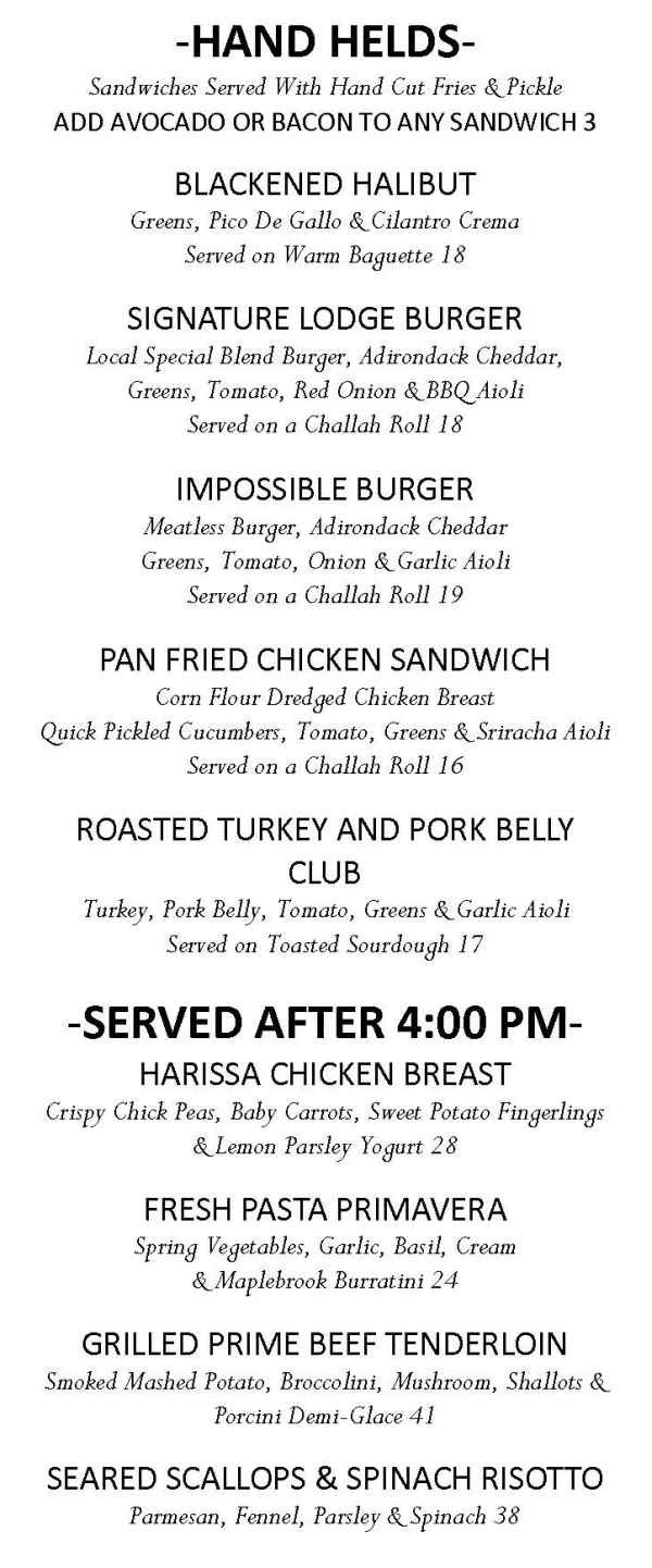 Page 2 of menu, Kanu Lake Placid, NY