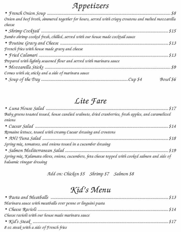 Page 5 of menu, Luna Restaurant Lake Placid, NY