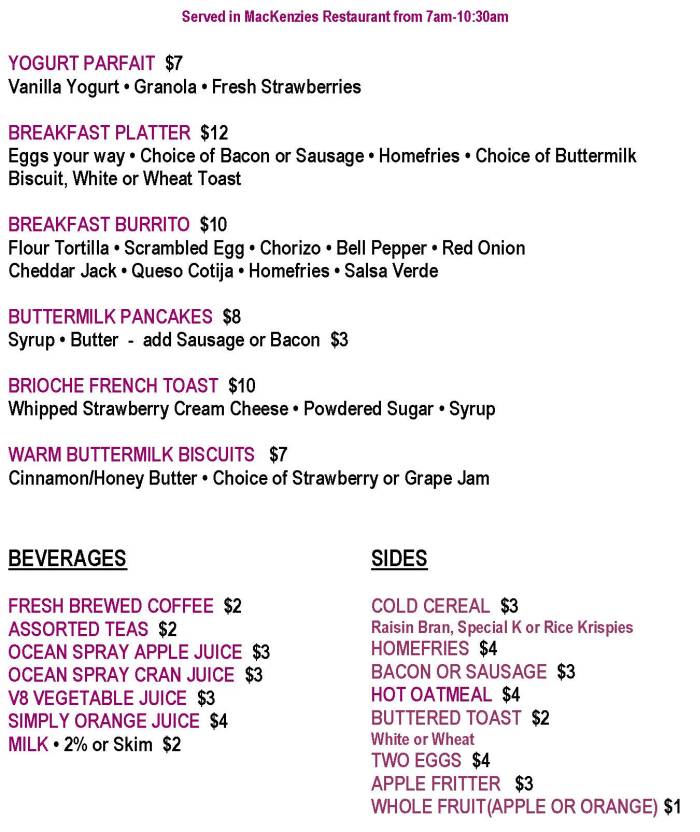 Page 1 of menu, MacKenzie's Breakfast Restaurant Lake Placid, NY