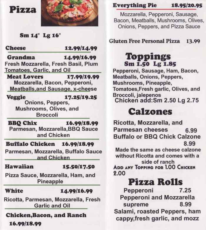 Page 1 of menu, Main Street Pizza Lake Placid, NY
