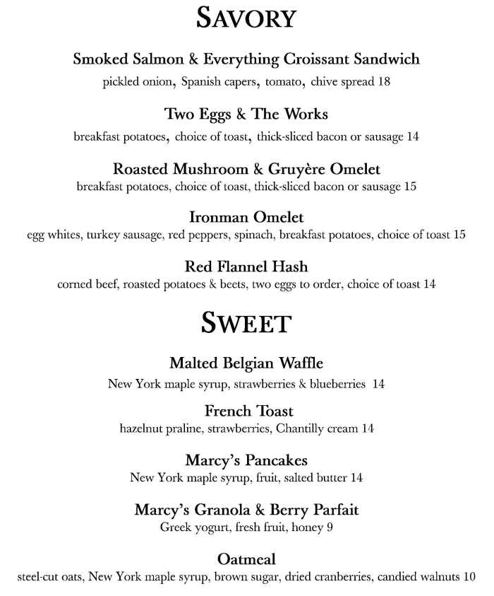 Breakfast menu, Marcy Great Adirondack Hotel in Lake Placid, NY