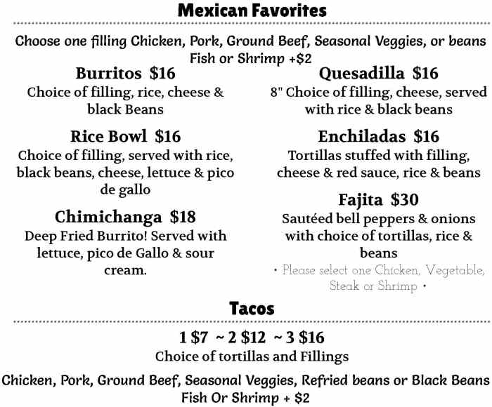 Page 3 of menu Mis Amigos in Lake Placid, NY