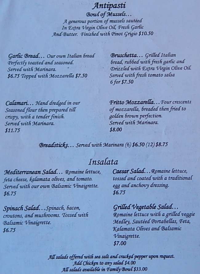 Page 1 of menu, Mr. Mike's Pizza & Italian Kitchen Lake Placid, NY