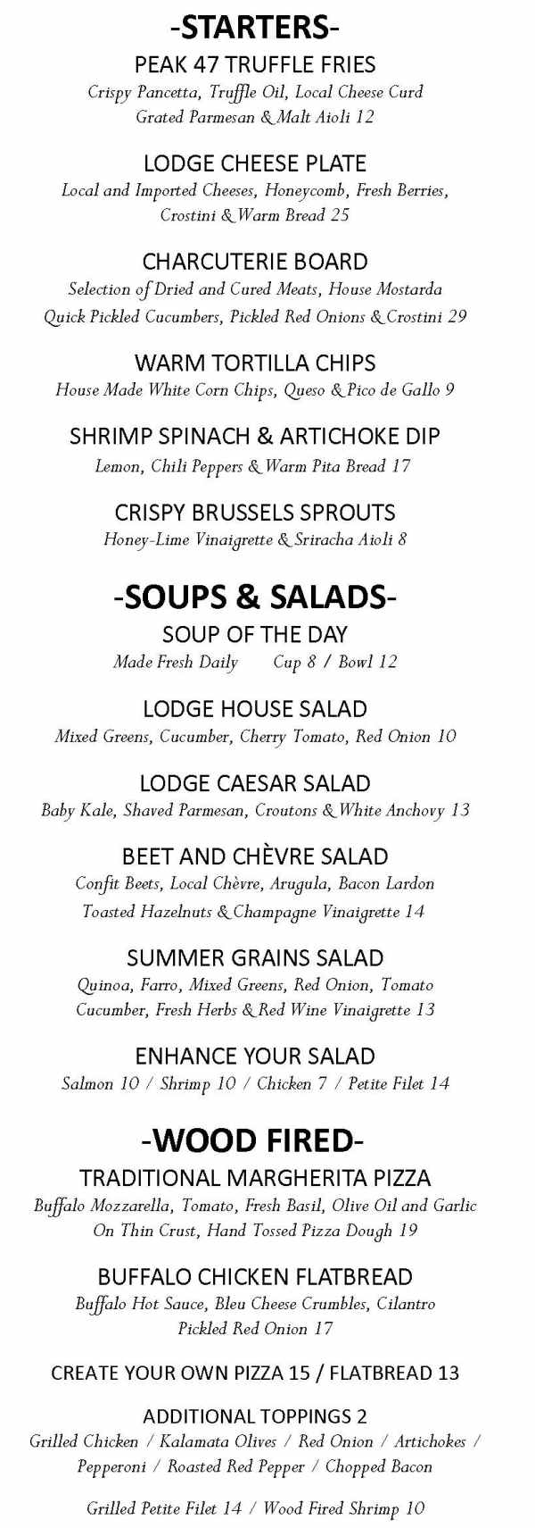 Page 1 of menu, Peak 47 Lake Placid, NY