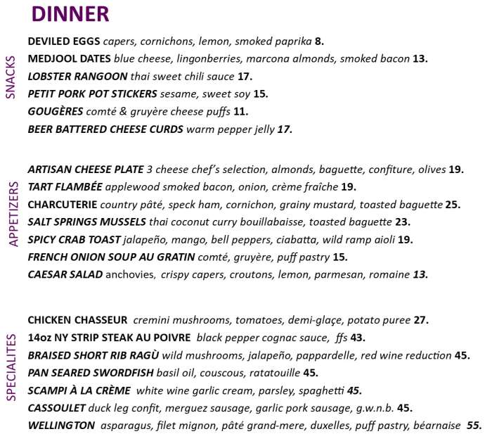 Menu for Purple Saige Bistro Lake Placid, NY