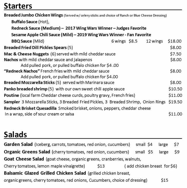 Page 1 of menu, Redneck Bistro, BBQ & Grill in Lake Placid, NY