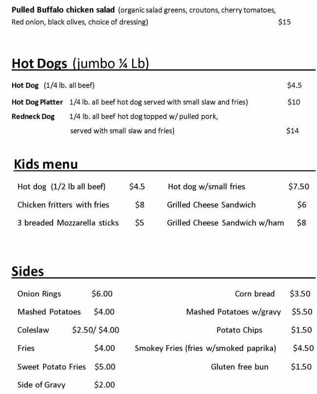 Page 2 of menu, Redneck Bistro, BBQ & Grill in Lake Placid, NY