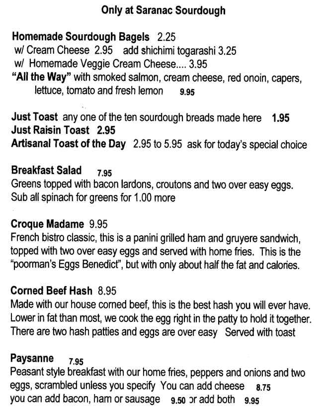 Page 1 of menu, Saranac Sourdough Lake Placid, NY