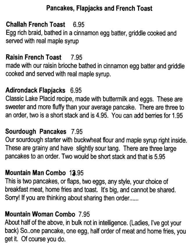 Page 2 of menu, Saranac Sourdough Lake Placid, NY