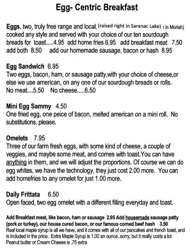 Page 3 of menu, Saranac Sourdough Lake Placid, NY