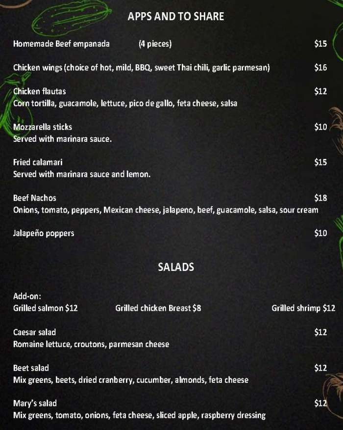 Page 1 of menu, Sol de Oro Lake Placid, NY