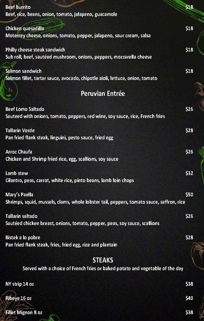 Page 3 of menu, Sol de Oro Lake Placid, NY