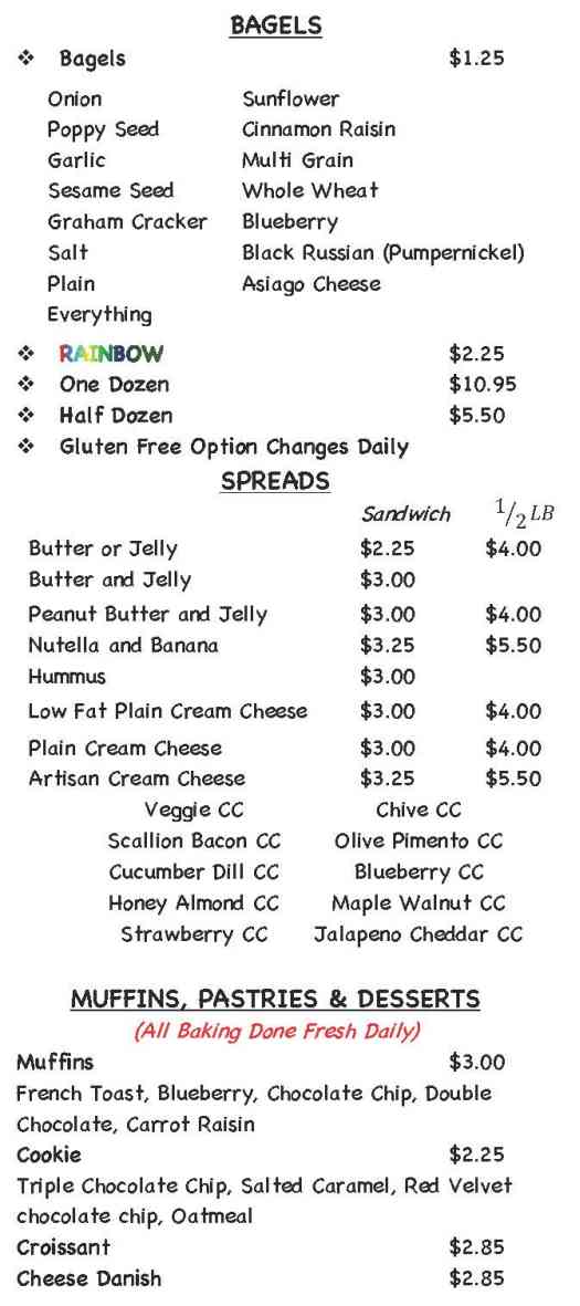 Page 1 of menu, Soulshine Bagel Lake Placid, NY