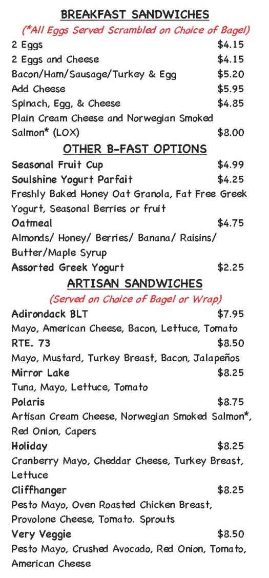 Page 2 of menu, Soulshine Bagel Lake Placid, NY