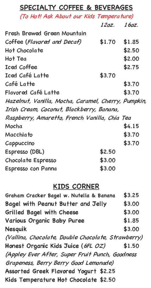 Page 4 of menu, Soulshine Bagel Lake Placid, NY