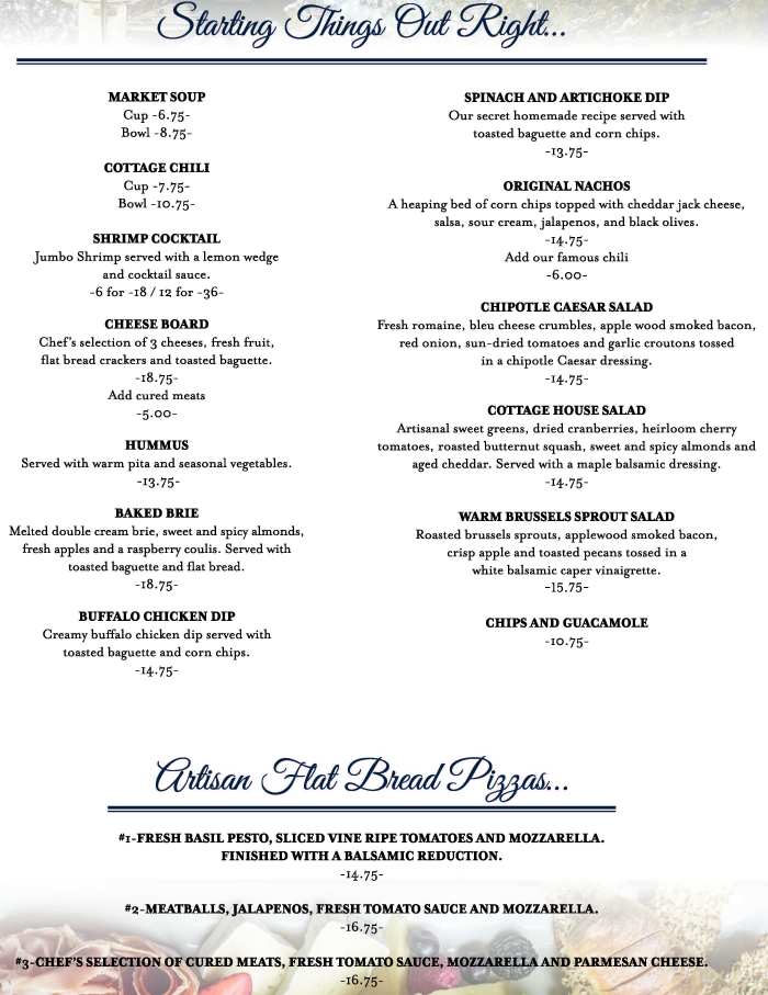 Page 1 of menu, The Cottage Lake Placid, NY