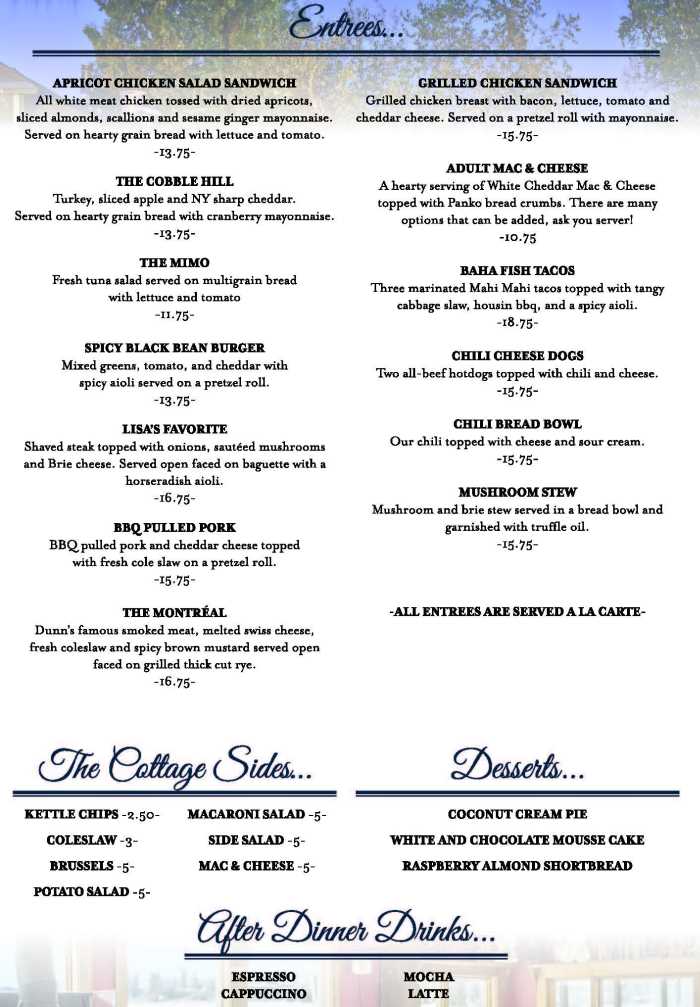 Page 2 of menu, The Cottage Lake Placid, NY