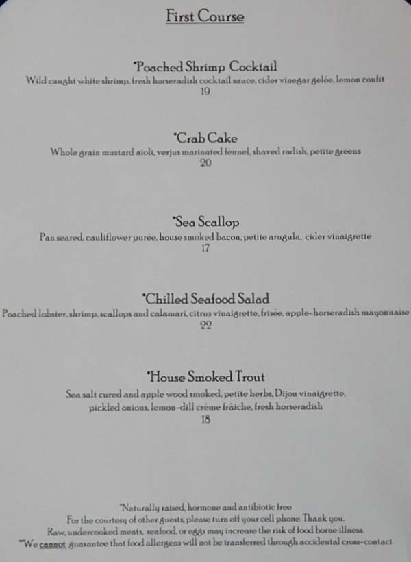 Page 1 of menu, The View Restaurant Lake Placid, NY