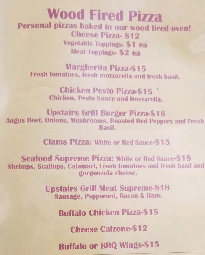 Page 1 of menu, Upstairs Grill Steak & Seafood Lake Placid, NY